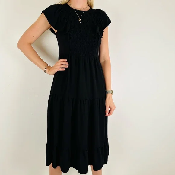 slim fit dress slacks Sage Short Sleeve Smocked Midi Dress  Filly Flair